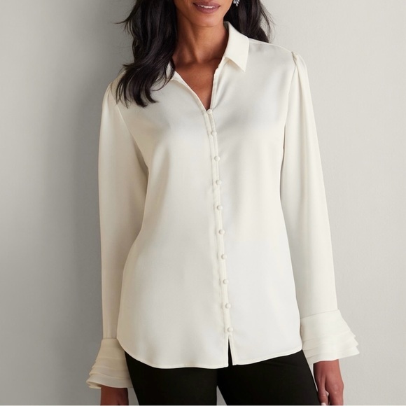 Soft Surroundings Sonnet Blouse 1X Ivory Button Down Ruffle Bell Poet Sleeve - Picture 2 of 12